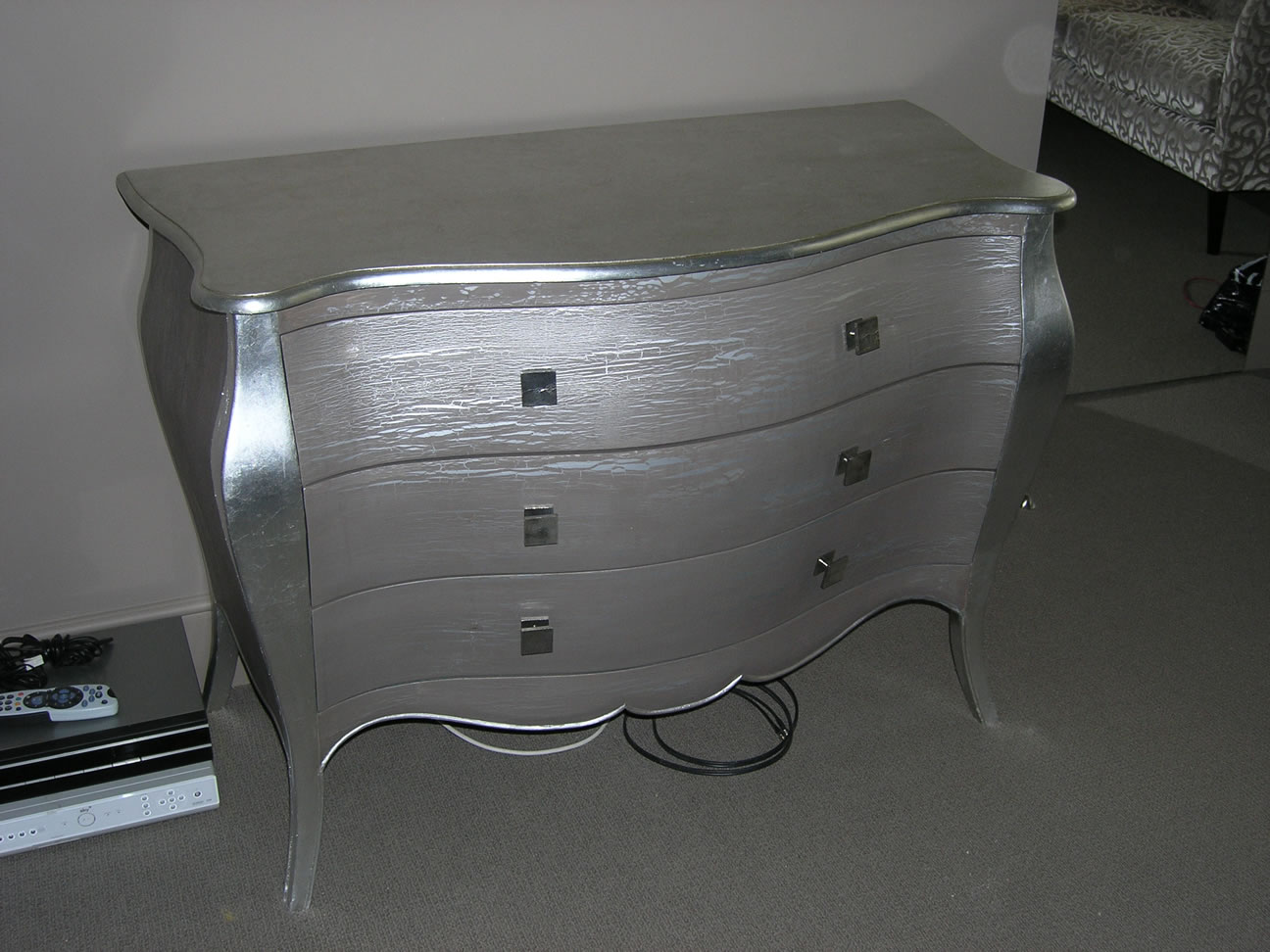 Silver leaf and crackle glaze bow fronted drawer unit